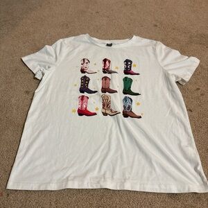 SHEIN White Tee with Vibrant Boot Design